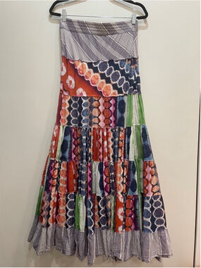Kataya Boho Patchwork Tiered Maxi Skirt Dress Strapless Halter Tie Cotton Medium